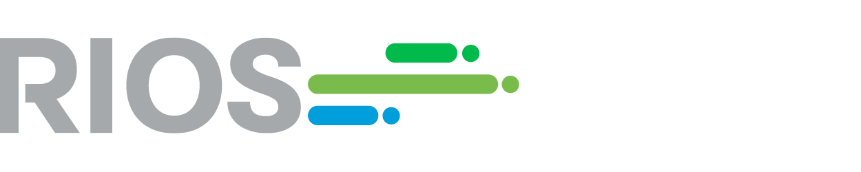 RIOS logo: gray 'RIOS' wordmark with three horizontal color bars (green and blue) extending to the right.