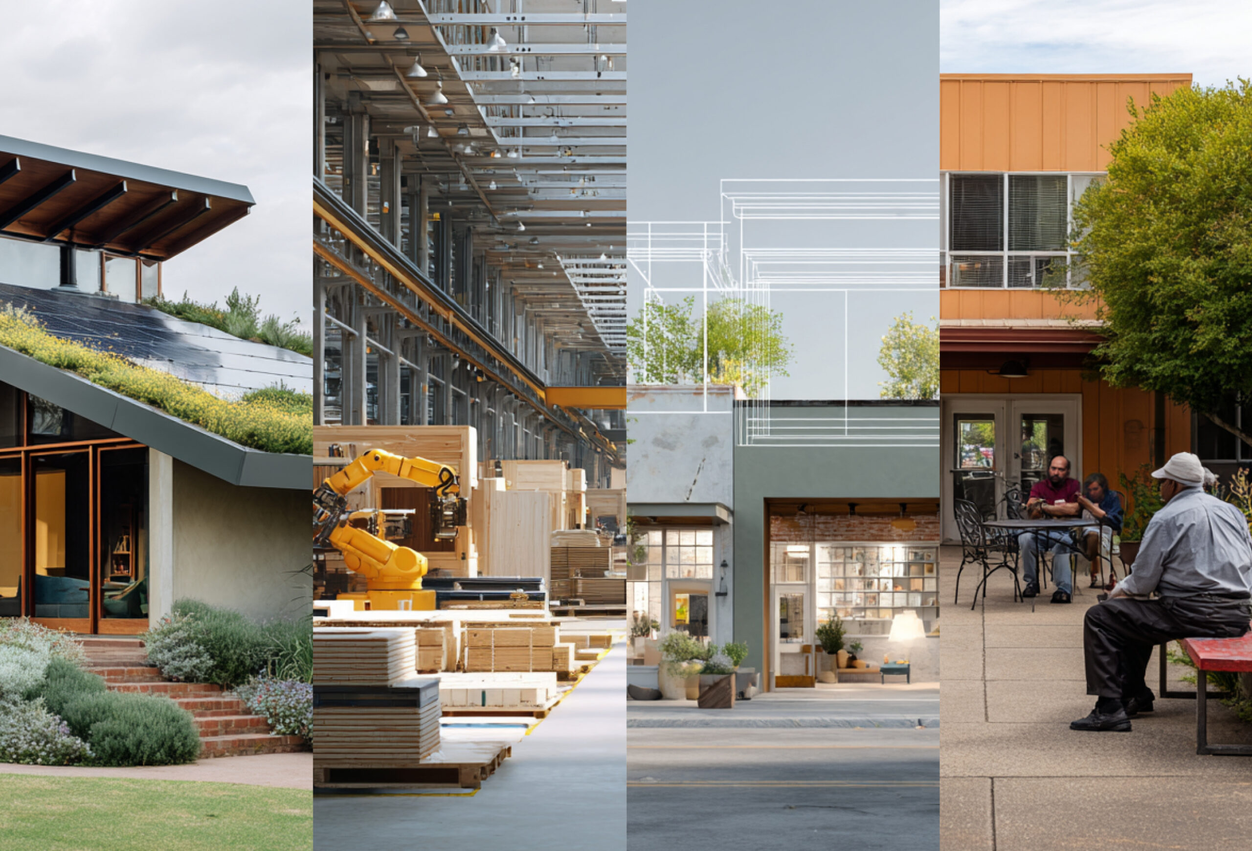 Four-column illustration representing Market Housing, Industrialized Housing, Resiliency and Sustainability, and Social Impact.