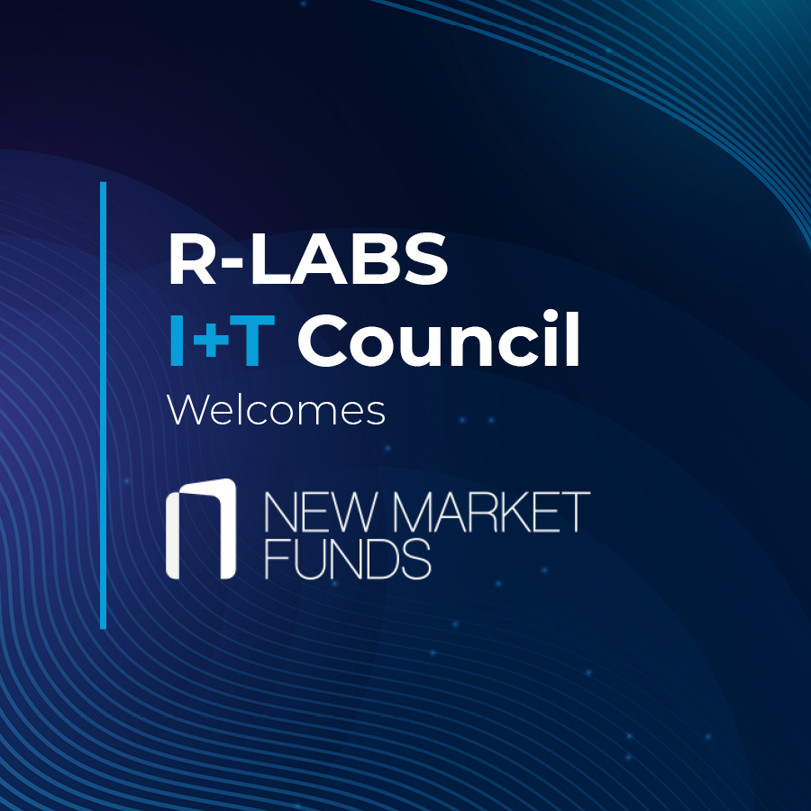 Welcome banner: R-LABS I+T Council welcomes New Market Funds on a dark blue abstract background with curved lines and a vertical cyan divider.