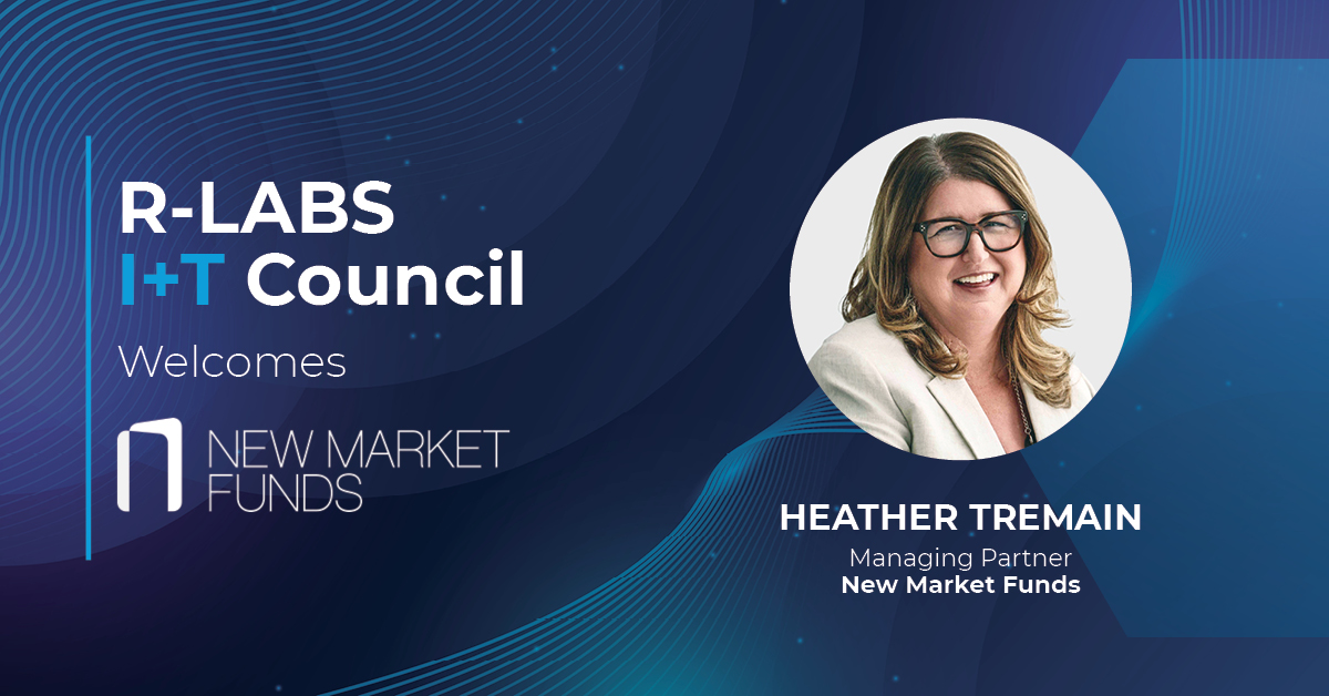 Banner announcing R-LABS I&T Council welcomes New Market Funds; circular portrait of a smiling woman on the right, against a blue abstract background on the left.