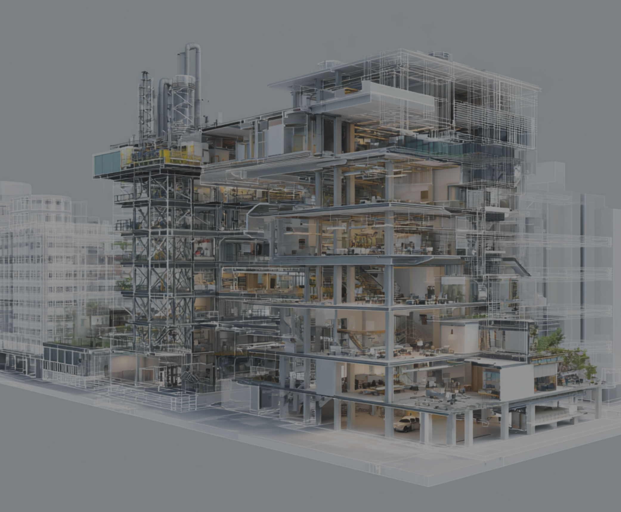 Modern multi-story building with translucent wireframe outlining its structure and interiors
