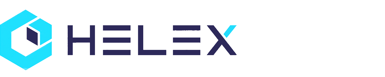 HELEX logo: cyan hexagon emblem with a dark cube, followed by 'HELEX' in dark blue with a cyan accent on the Y.