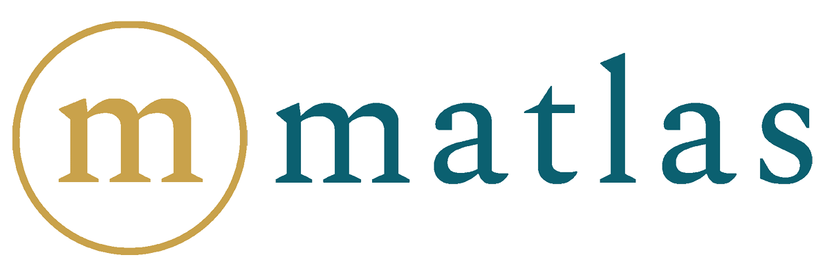 Matlas logo: gold circular emblem with a stylized lowercase 'm' beside the teal wordmark 'matlas'