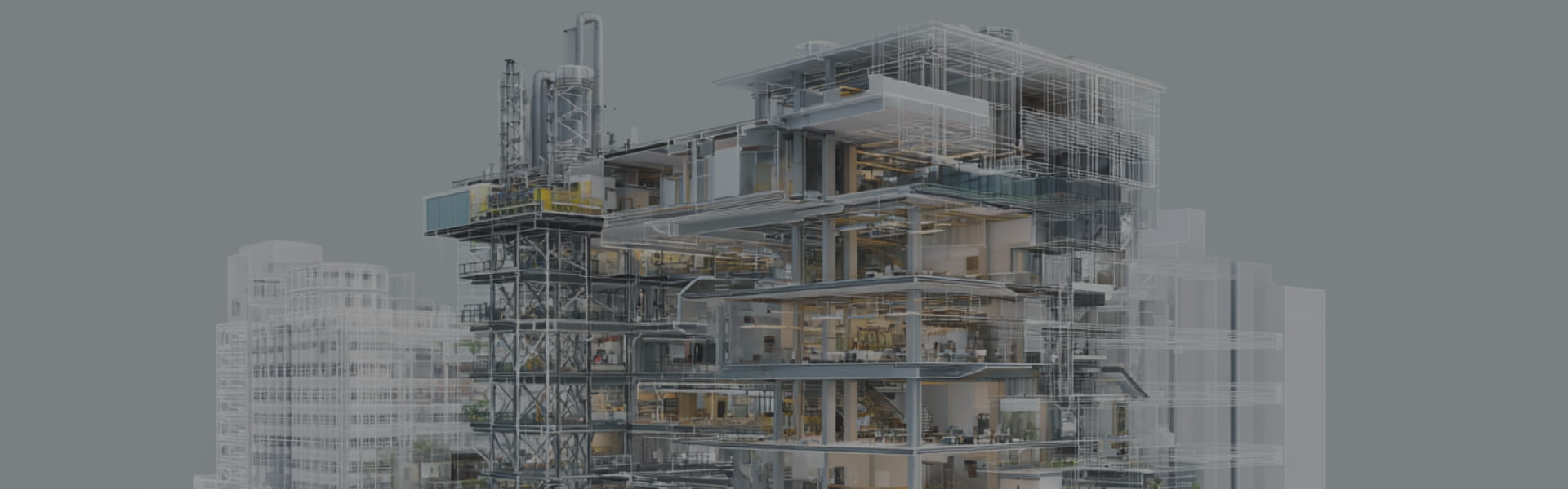 3D cross‑section of a glass‑walled, multi‑story office building showing interior floors and mechanical systems.