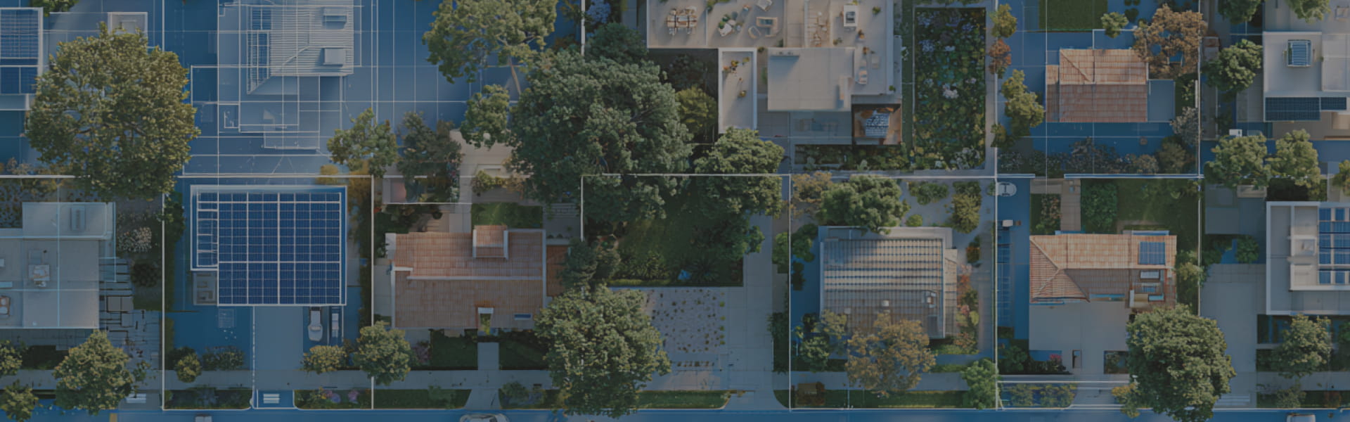 Aerial view of a suburban neighborhood with solar panels on rooftops and tree-lined streets.